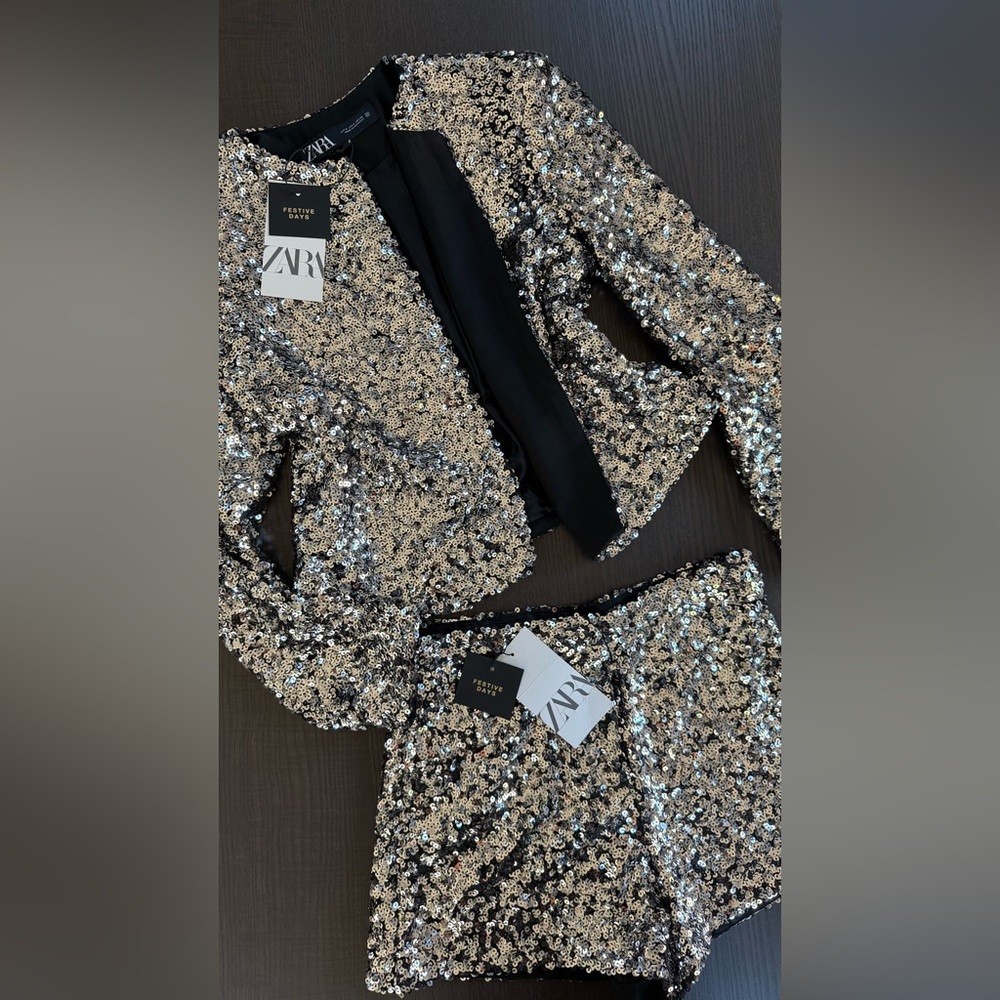 Zara Festive Sequin Jacket and Shorts in Silver and Black - Picture 7 of 16
